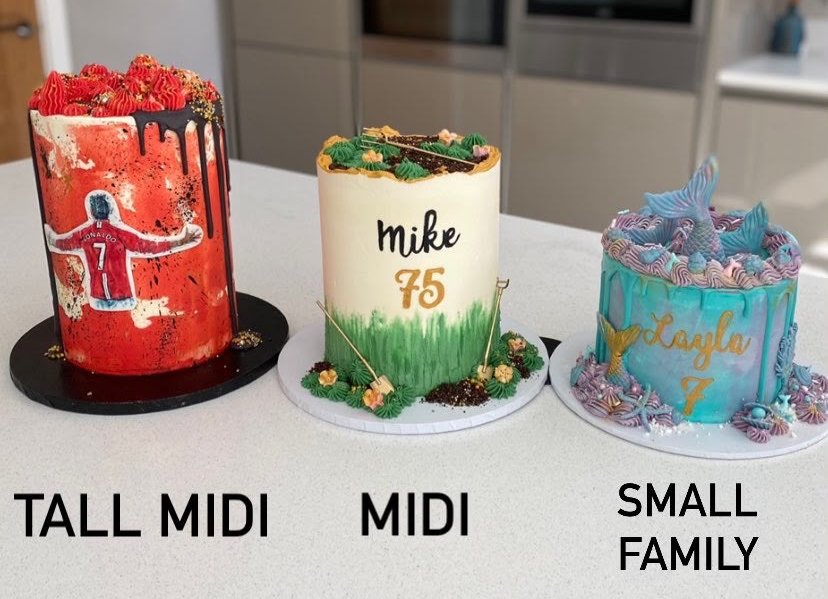 Three cakes side by side showing the relative heights of a tall midi, a midi and a small family size